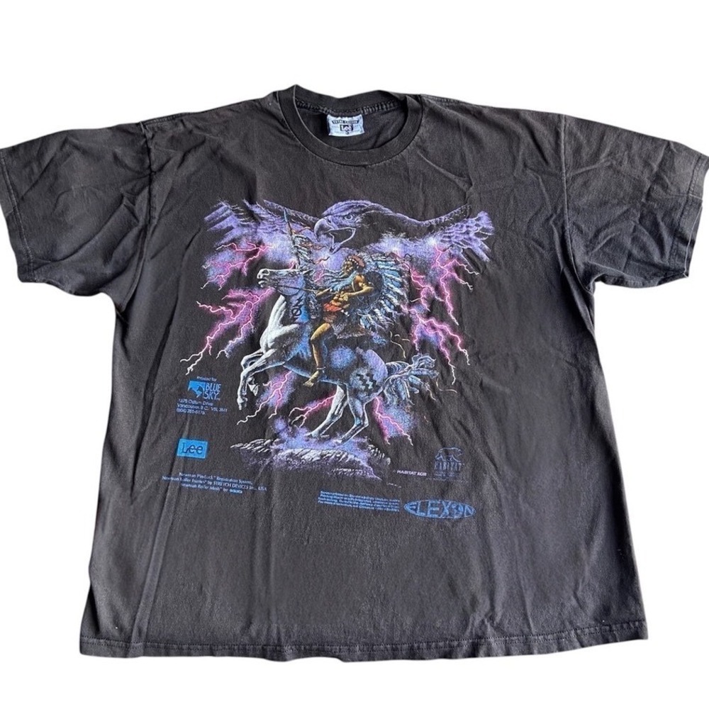 Vintage Lee Shirt Mens Large Black Native American Horse Lightning Eagle 90s Tee